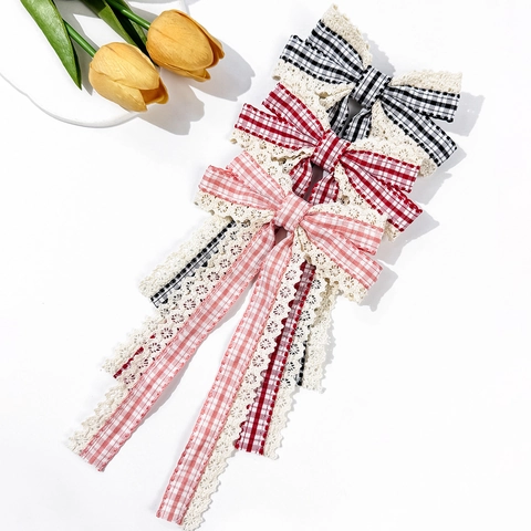 Karierte Spitze Schleife Haarspange Für Damen Süß Gingham Band Lang Quaste Entenschnabel-Clip Französisch Vintage Haar Accessoires