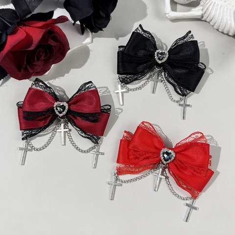 Gothik Lolita Schleife Haarspange Mit Spitze Metallkette Kreuz Anhänger Herz Strass Dunkel Süß Cool Stil Haarschmuck