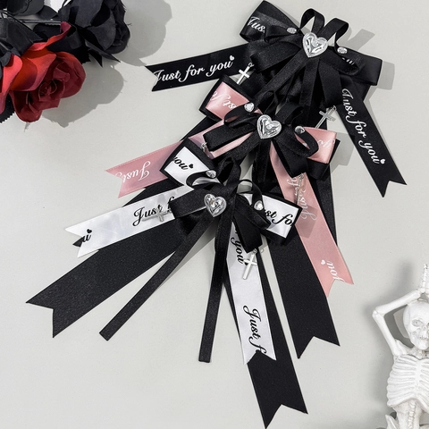 Gothic Lolita Κλιπ Μαλλιών Φιόγκος για Γυναίκες Dark Style Καρδιά Στρας Σταυρός Μενταγιόν Τυπωμένη Κορδέλα Αξεσουάρ Μαλλιών