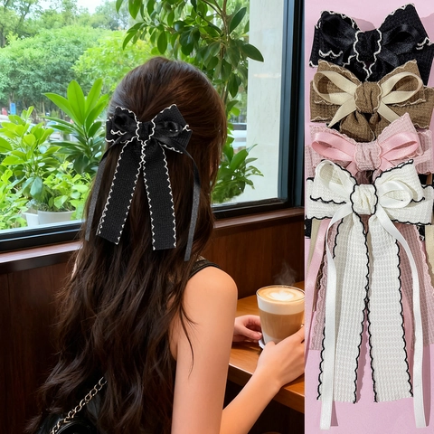 Pince à Cheveux Élégante avec Nœud et Ruban pour Femmes Style Vintage Français Bord Festonné Sangle Satin Accessoire Cheveux