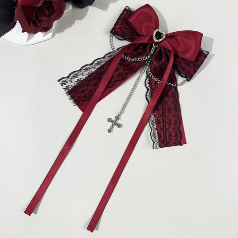 Fermaglio per Capelli a Fiocco in Pizzo e Satin Gotico Con Catena in Metallo Pendente a Croce Stile Lolita Dark Punk Lega Strass