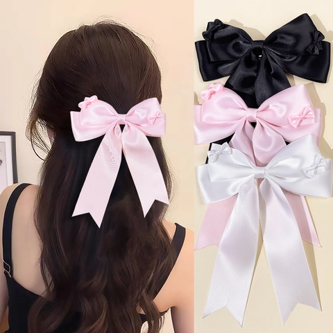Pasador de Pelo Dulce con Lazo de Satén y Cintas Largas Estilo Lolita Clip de Cola de Caballo Accesorios para el Cabello
