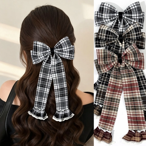 Fermaglio per Capelli con Fiocco a Quadri Vintage Con Pizzo Paillettes Lunghe Stelle Filanti Stile Preppy Donna Accessori Capelli