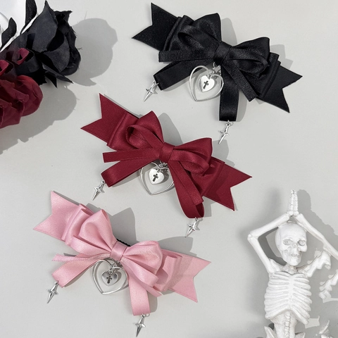 Molletta per Capelli Fiocco in Raso Gothic Lolita Pendente Cuore Stella Croce Stile Punk Y2K Accessorio Capelli Dark Aesthetic
