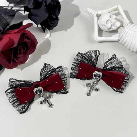 Gothic Spitze Samt Schleife Haarspangen Für Damen Herz Strass Silber Kreuz Anhänger Süß Kühl Lolita Haarschmuck