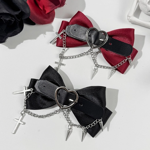 Gothic Satin Schleife Haarklammer Mit Herzschnalle Metallkette Kreuz Anhänger Punk Dunkel Damen Haarschmuck Für Party