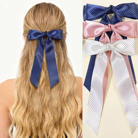 Fermaglio Per Capelli Con Fiocco A Pois In Stile Francese Da Donna Dolce Accessorio In Raso Con Lunghi Nastri