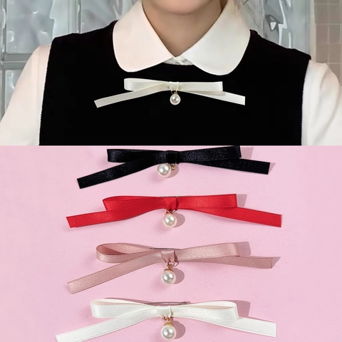 Spilla a Fiocco in Nastro di Raso Stile Coreano Con Pendente in Perla Artificial Imitazione Elegante Papillon Per Accessori Camicia Donna