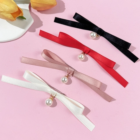 Spilla a Fiocco in Nastro di Raso Stile Coreano Con Pendente in Perla Artificial Imitazione Elegante Papillon Per Accessori Camicia Donna