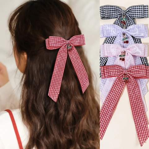 Sweet Gingham Ribbon Bow Hair Clip With Rhinestone Cherry Pendant Japanese Style Alligator Clip For Women Girls Accessory