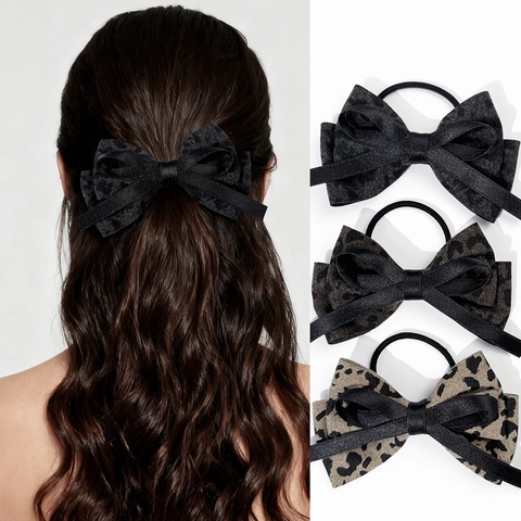 Elastico per Capelli con Fiocco Leopardato Moda Vintage Tessuto di Raso Alta Elasticità Elegante Accessorio per Capelli Donna