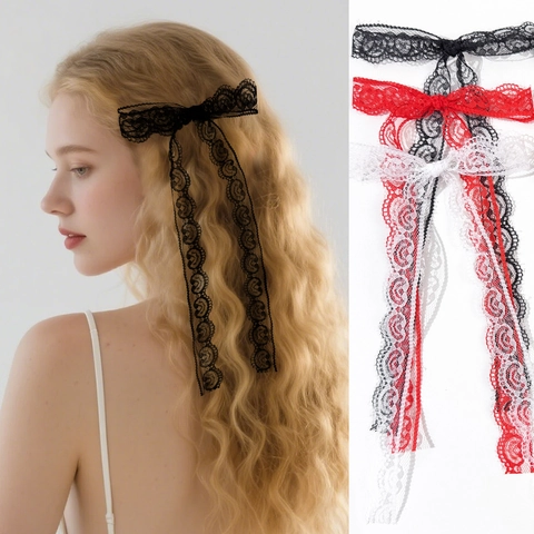 Eleganter Spitzen Bogen Haarclip Lange Band Blumen Bestickt Entenschnabel Clip Für Mädchen Damen Süße Haarschmuck