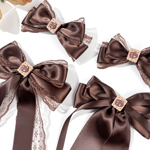 Vintage Koffie Beer Koekje Strik Haarspeld Kant Satijn Lint Eendenbek Speld Zoete Lolita Haaraccessoire Voor Vrouwen
