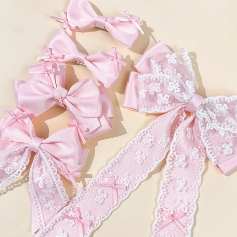 Süße Rosa Spitze Schleife Haarspange Satinband Entenschnabel-Clip Handgefertigt Lolita Ästhetik Haarschmuck Für Mädchen Damen