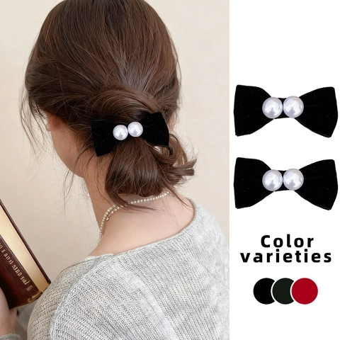 Pinza para el Pelo de Lazo de Terciopelo Elegante Con Adorno de Perla Artificial Clip de Pico de Pato Retro Mujer Accesorio