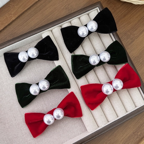 Pinza para el Pelo de Lazo de Terciopelo Elegante Con Adorno de Perla Artificial Clip de Pico de Pato Retro Mujer Accesorio