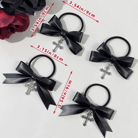 Gothic Dark Sweet Cool Stil PU Leder Schleife Haargummi Mit Legierung Kreuz Anhänger Handgemachtes Elastisches Haarband Für Damen Haarschmuck Paar