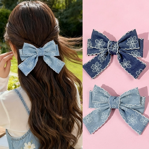 Fermaglio per Capelli a Fiocco in Denim Stile Coreano Vintage Floreale Bordo Festonato Becco d'Anatra per Donna Accessori Capelli