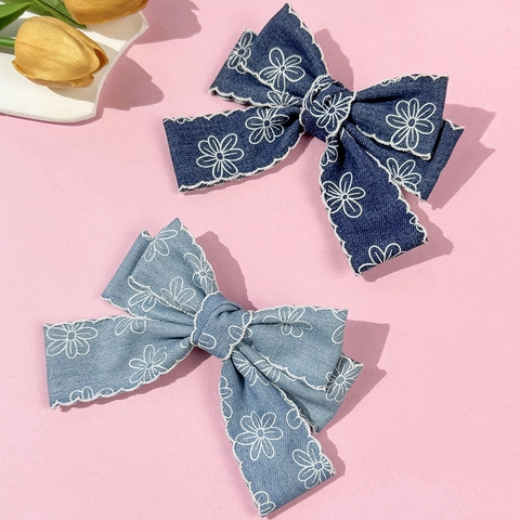 Fermaglio per Capelli a Fiocco in Denim Stile Coreano Vintage Floreale Bordo Festonato Becco d'Anatra per Donna Accessori Capelli