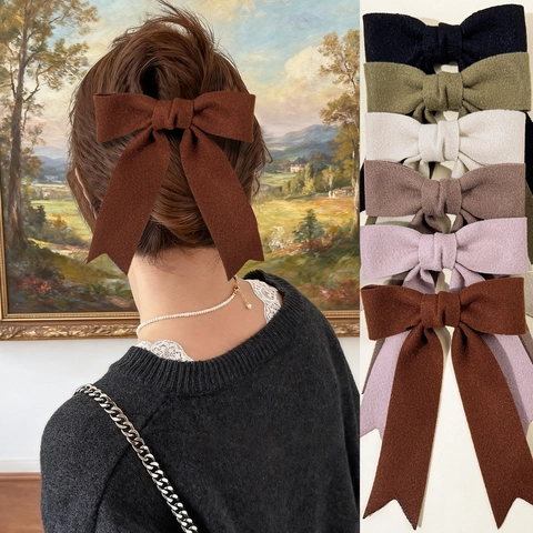 Pinza para el Cabello de Lazo de Lana Elegante de Otoño Invierno para Mujer Color Sólido Lazo Grande con Cintas Largas Accesorios para el Cabello Hechos a Mano