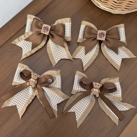 Barrette à Cheveux Nœud Ours Biscuit Vintage Pour Femmes Ruban Doux Pied-de-poule Clip Bec de Canard Accessoires Cheveux