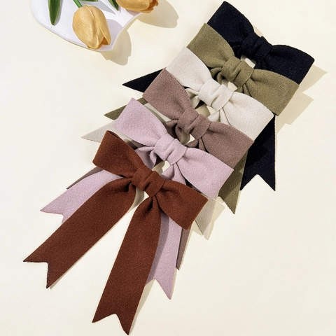 Pinza para el Cabello de Lazo de Lana Elegante de Otoño Invierno para Mujer Color Sólido Lazo Grande con Cintas Largas Accesorios para el Cabello Hechos a Mano