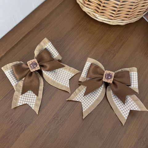 Barrette à Cheveux Nœud Ours Biscuit Vintage Pour Femmes Ruban Doux Pied-de-poule Clip Bec de Canard Accessoires Cheveux