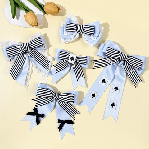 Lolita Blau Gestreift Schleife Haarclip Für Damen Süße Spitze Band Haarnadel Mit Spielkarten Element Künstliche Perle Cosplay Haarschmuck