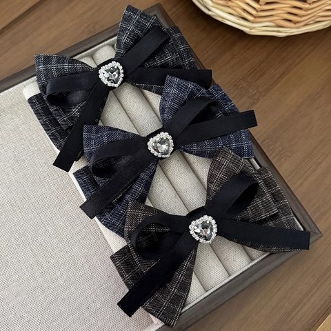 French Retro Houndstooth Ribbon Bow Hair Clip Heart Rhinestone Sweet Double Layer Bowknot Duckbill Clip Elegant Hair Accessories
