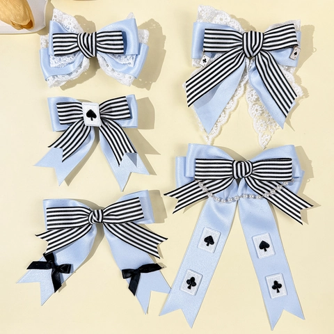 Lolita Blau Gestreift Schleife Haarclip Für Damen Süße Spitze Band Haarnadel Mit Spielkarten Element Künstliche Perle Cosplay Haarschmuck