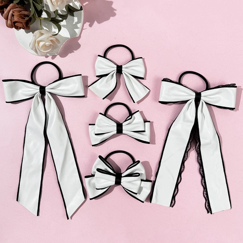 Coletero de Cuero PU Blanco Elegante Francés Con Lazo y Borde Negro Color de Contraste Diadema Elástica Dulce para Mujeres
