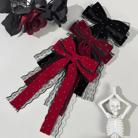 Fermaglio per Capelli Vintage Francese in Velluto e Pizzo con Fiocco per Donna Retro Gothic Strass Perla Artificiale