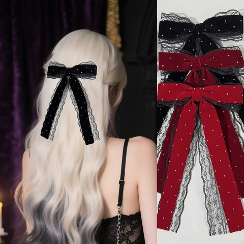 Französischer Vintage Samt Schleife Haarklammer Mit Spitzenbesatz Strass Elegant Gothic Langes Band Schleifen Haarschmuck Für Damen