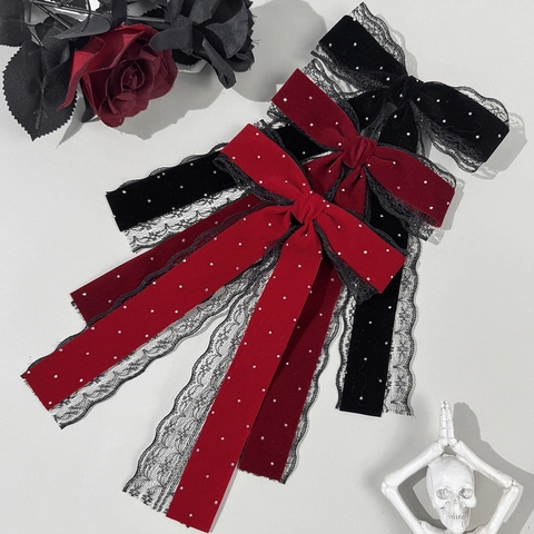 Französischer Vintage Samt Schleife Haarklammer Mit Spitzenbesatz Strass Elegant Gothic Langes Band Schleifen Haarschmuck Für Damen