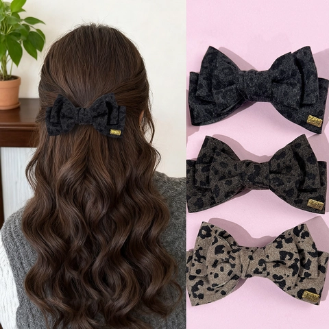 Pince à Cheveux Nœud Imprimé Léopard Vintage en Tissu pour Femmes Style Maillard Élégants Accessoires Cheveux Grande Pince
