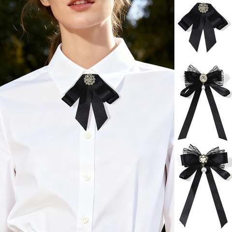 Spilla a Fiocco in Raso e Pizzo Nero Vintage per Donna Stile Preppy Strass Camelia Perla Artificiale Spille per Cravatta