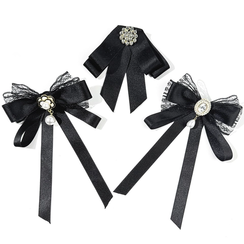 Spilla a Fiocco in Raso e Pizzo Nero Vintage per Donna Stile Preppy Strass Camelia Perla Artificiale Spille per Cravatta