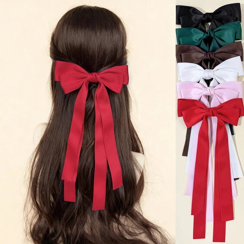 Pinza para el Cabello de Lazo de Satén Oversize Con Cintas Largas Elegante Color Sólido Pasador Mujer Boda Fiesta Accesorios