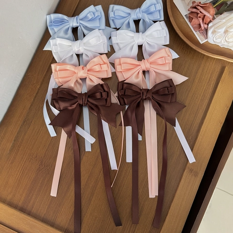 Sweet Satin Bow Hair Clip With Long Ribbons Elegant Balletcore Solid Color Duckbill Clip For Women Girls Hair Accessories