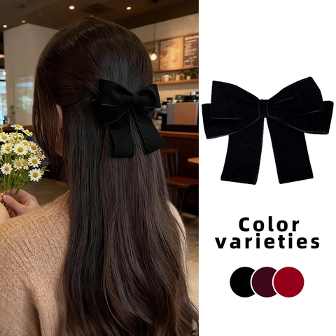 French Vintage Velvet Large Bow Hair Clip Elegant Solid Color Duckbill Clip For Women Autumn Winter Hair Accessories