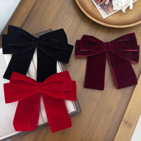 French Vintage Velvet Large Bow Hair Clip Elegant Solid Color Duckbill Clip For Women Autumn Winter Hair Accessories