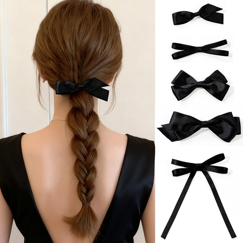 Pinza para el Cabello con Lazo de Satén Negro Elegante Estilo Francés Horquilla con Cinta Para Mujeres Niñas Accesorios de Cabello Vintage