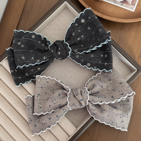 Franse Vintage Grote Bloemen Stof Strik Haarclip Voor Vrouwen Elegante Golvende Rand Veerclip Haarspeld Zoete Haaraccessoires