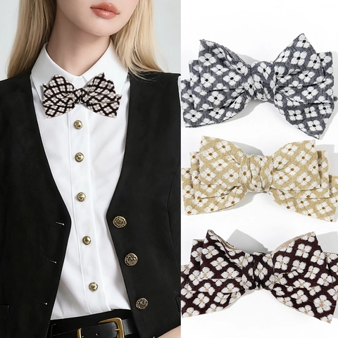 Vintage French Floral Bow Tie Brooch For Women Preppy Jacquard Fabric Bow Pin Clothing Decoration Accessory For Shirt