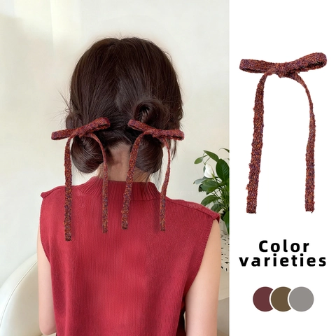 Knitted Bow Hair Clip For Women Ballet Princess Sweet Elegant Vintage Hairpin Long Streamer Tweed Hair Accessories