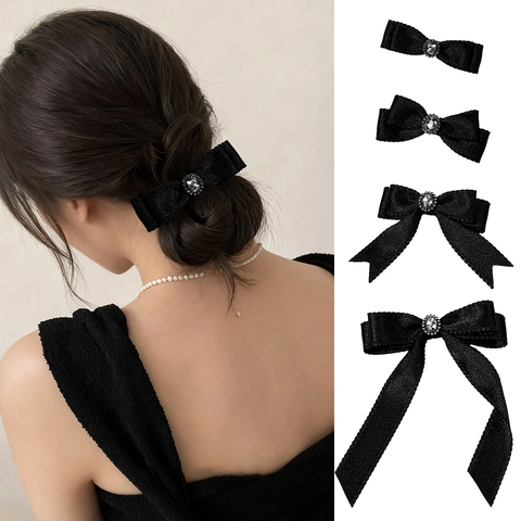 Barrettes à Cheveux Nœud Papillon en Satin Noir pour Femmes Filles Élégantes Épingles à Cheveux Strass Gemmes Style Doux Cool Gothique Lolita Accessoires de Coiffure