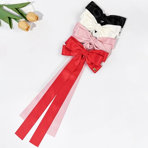 Elegante Pinza para el Pelo con Lazo de Satén Grande para Mujer Cinta Larga Pasador de Resorte Color Sólido Accesorios para el Cabello