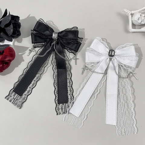 Fermaglio per Capelli Fiocco in Pizzo Gotico Con Ciondolo a Croce in Catena di Lega Nastro di Raso Lolita Donna Gioielli
