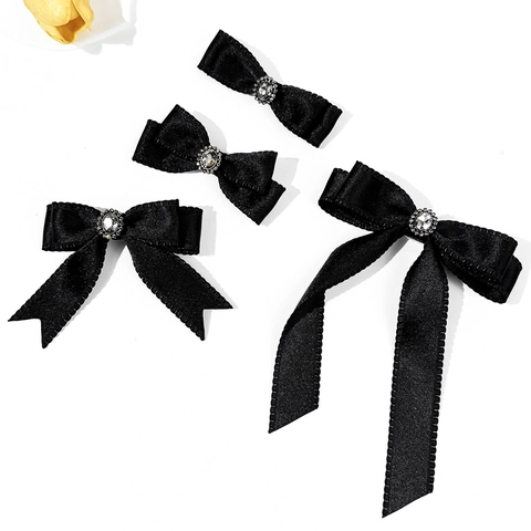 Barrettes à Cheveux Nœud Papillon en Satin Noir pour Femmes Filles Élégantes Épingles à Cheveux Strass Gemmes Style Doux Cool Gothique Lolita Accessoires de Coiffure