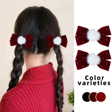 Barrettes à Cheveux Nœud en Velours Avec Boule de Fourrure Artificielle Blanche Strass Accessoires de Cheveux Festifs de Noël pour Femmes Filles
